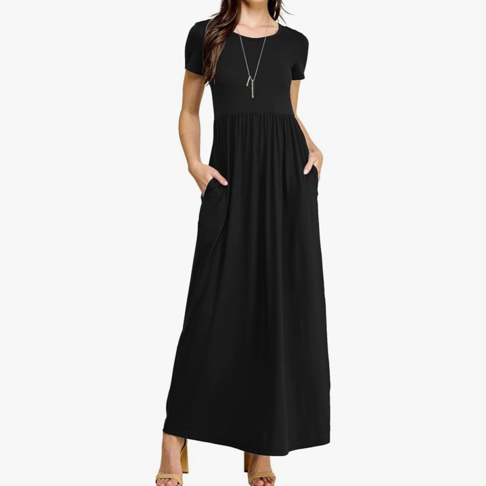 Womens Short Sleeve Loose Plain Casual Long Maxi Dresses with Pockets -black - Picture 2 of 5